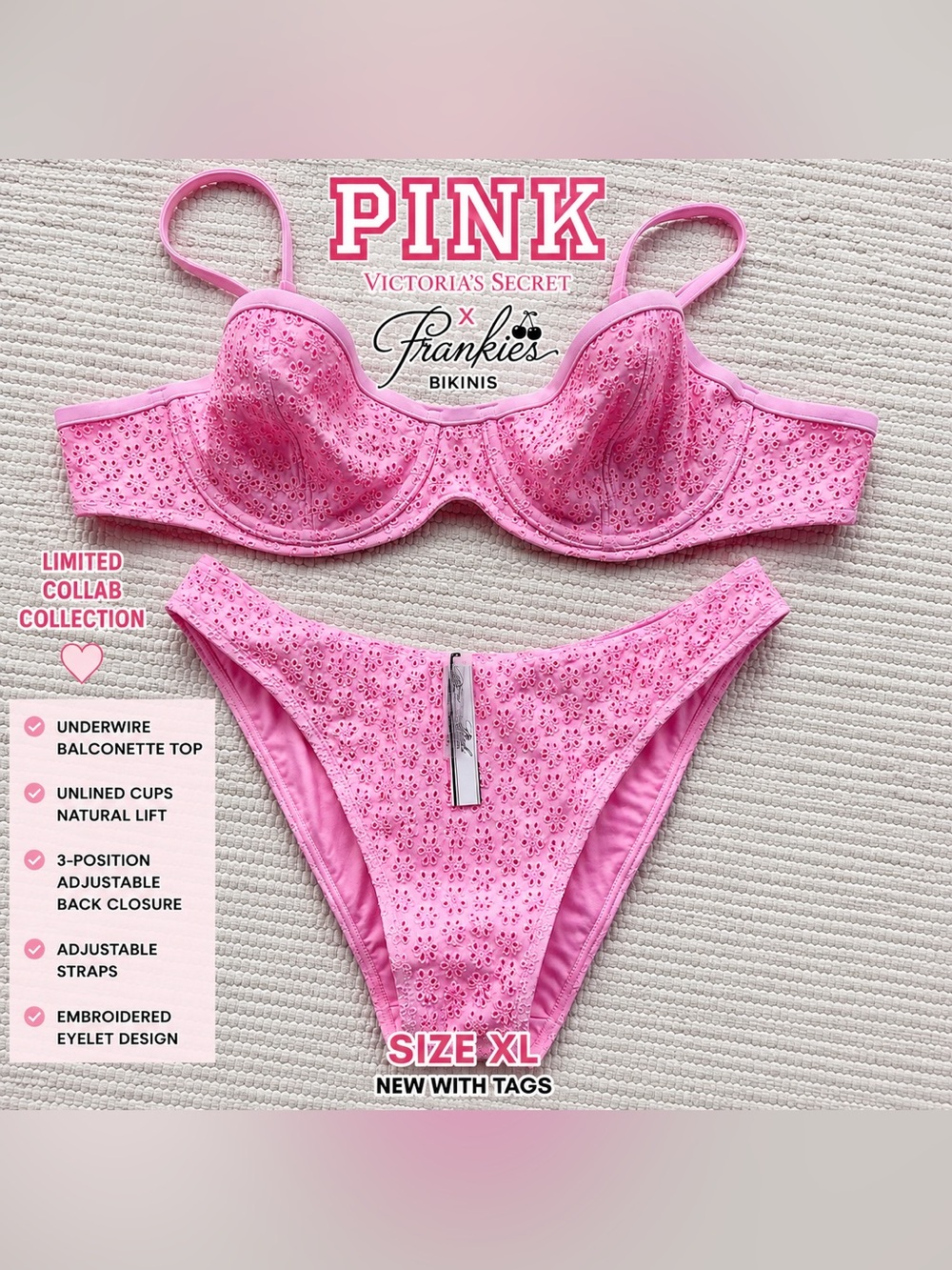 PINK x Frankies Bikinis Eyelet Balconette Bikini Set NWT XL